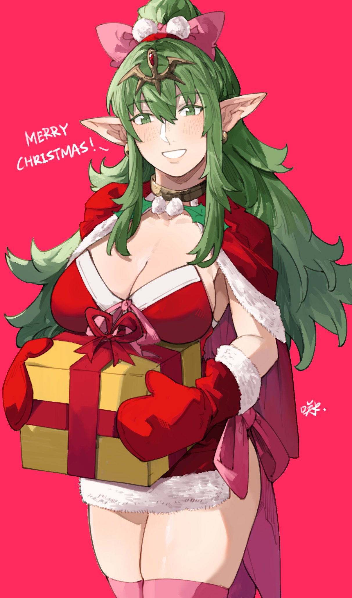 1girl alluring alternate_costume big_breasts blush capelet christmas cleavage commentary dress earrings english_commentary female_only fire_emblem fire_emblem_awakening fire_emblem_warriors fur-trimmed_capelet fur-trimmed_dress fur-trimmed_gloves fur_trim gloves green_eyes green_hair hair_between_eyes hair_ornament hair_ribbon high_res intelligent_systems jewelry long_hair looking_at_viewer merry_christmas nintendo open_mouth pink_ribbon pink_thighhighs pointy_ears ponytail red_background red_capelet red_dress red_gloves ribbon sakuremi sidelocks simple_background smile stockings strapless strapless_dress thighs tiki_(adult)_(fire_emblem) tiki_(fire_emblem) tiki_(fire_emblem)_(adult) very_long_hair