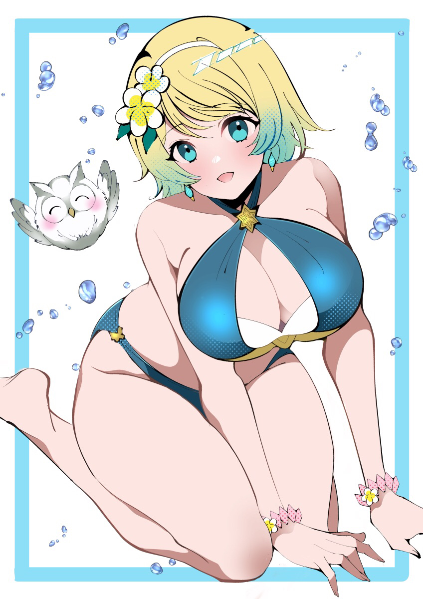 1girl alluring aqua_bikini big_breasts bikini bird blonde_and_teal_hair blue_bikini blue_eyes bracelet criss-cross_halter earrings fe135700 feh_(fire_emblem_heroes) fire_emblem fire_emblem_heroes fjorm_(fire_emblem) fjorm_(summer)_(fire_emblem) flower green_hair hair_flower hair_ornament halterneck high_res intelligent_systems jewelry kneel looking_at_viewer nintendo official_alternate_costume open_mouth owl short_hair smile swimsuit