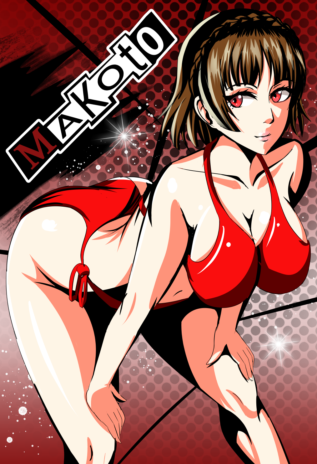 1girl alluring ass atlus bent_over big_breasts bikini braid brown_hair character_name cleavage fuzzlogik high_res makoto_niijima niijima_makoto persona persona_5 pin_up red_bikini red_eyes sega short_hair silf swimsuit