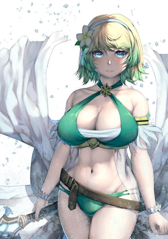 1girl alluring athletic_female belt big_breasts bikini blonde_and_teal_hair blue_eyes cleavage criss-cross_halter feather_trim female_abs female_focus fire_emblem fire_emblem_heroes fit_female fjorm_(fire_emblem) fjorm_(summer)_(fire_emblem) flower flower_hairband gradient_hair green_bikini green_hair hair_flower hair_ornament halterneck harihisa intelligent_systems looking_at_viewer multi-strapped_bikini_bottom multicolored_hair navel nintendo official_alternate_costume short_hair swimsuit