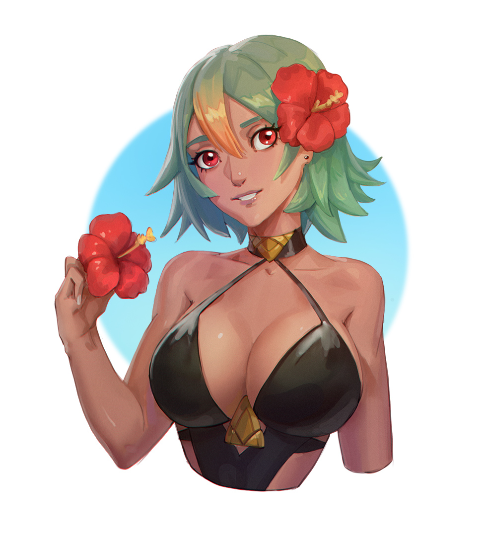 1girl alluring big_breasts bikini cleavage eili_enie fire_emblem fire_emblem_heroes green_hair intelligent_systems laegjarn_(fire_emblem) multicolored_hair nintendo orange_hair red_eyes swimsuit two-tone_hair