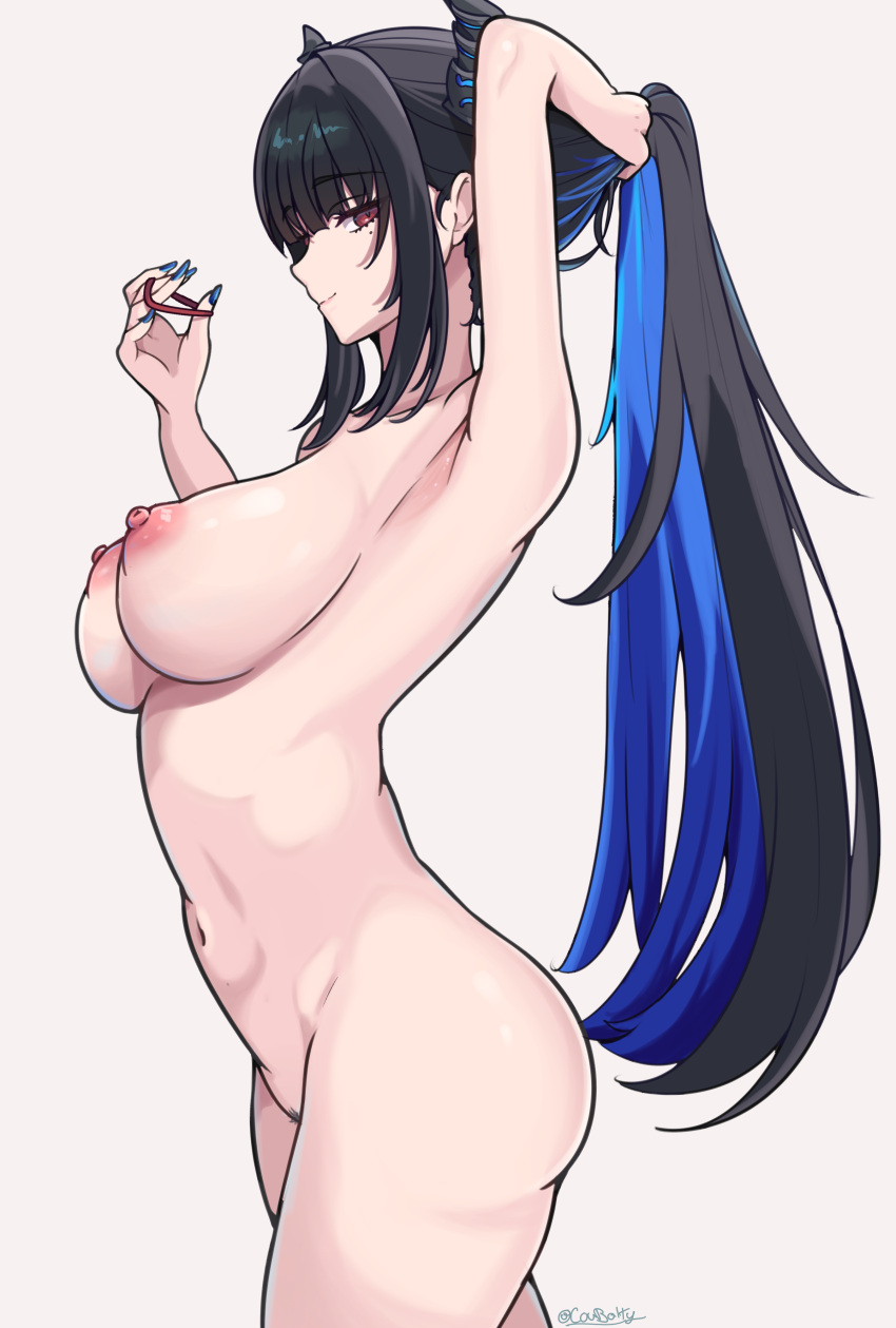 1girl ass bangs big_breasts black_hair blue_hair blush breasts colored_inner_hair completely_nude coubalty eyebrows eyebrows_visible_through_hair hair_tie hololive hololive_english horn long_hair looking_at_viewer looking_to_the_side mole_under_eye multicolored_hair nail_polish naked_female navel nerissa_ravencroft nipples nude ponytail red_eyes side_view smile standing stomach virtual_youtuber