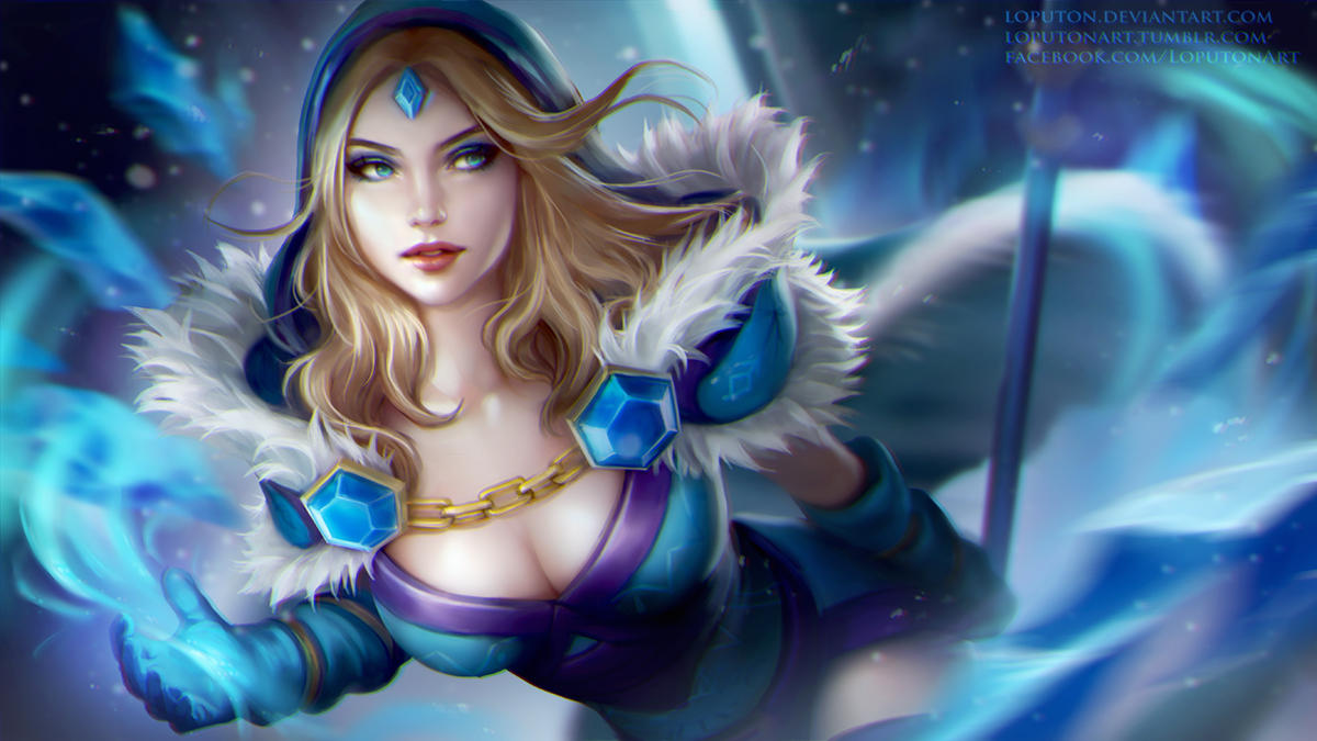 1girl bangs big_breasts blonde_female blonde_hair blue_dress blue_eyes blue_eyeshadow blue_gem blue_gemstone blue_gloves blue_hood blurry blurry_background breasts cleavage collarbone defense_of_the_ancients depth_of_field dota dota_2 dress dutch_angle eyeshadow female_only female_solo floating_hair forehead_jewel fur_trim gem gemstone gloves grin half-closed_eyes hold holding holding_staff ice jewelry lips lipstick long_hair looking_at_viewer looking_to_the_side loputon loputon_(artist) magic makeup medium_breasts naughty_face neck parted_bangs parted_lips red_lipstick rylai rylai_the_crystal_maiden sapphire sapphire_(gem) sapphire_(stone) snow snowing sorceress staff straight_hair wavy_hair