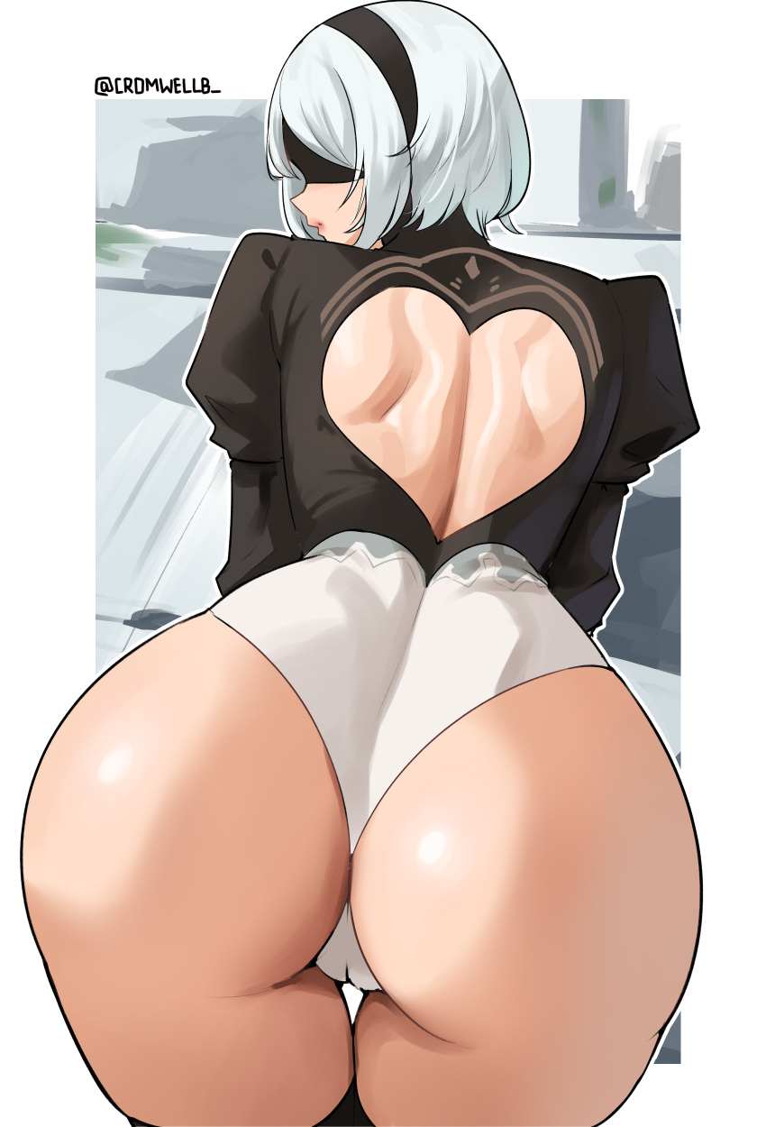 1girl bent_over big_breasts blindfold bubble_butt cleavage cromwellb doggy_position horny inviting_to_sex nier nier:_automata nier_(series) pose standing stockings teasing thick_thighs white_hair yorha_no._2_type_b