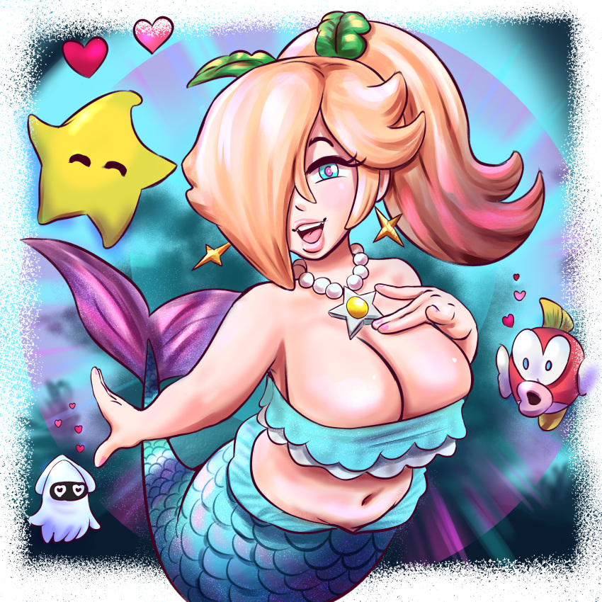 1girl big_breasts blonde_hair blooper cheep_cheep female hair_over_one_eye huge_breasts luma mario_(series) mermaid mermaid_girl mermaid_tail necklace nintendo paramour_cruz paramourcross ponytail princess princess_peach:_showtime! princess_rosalina super_mario_bros. super_mario_galaxy underwater water
