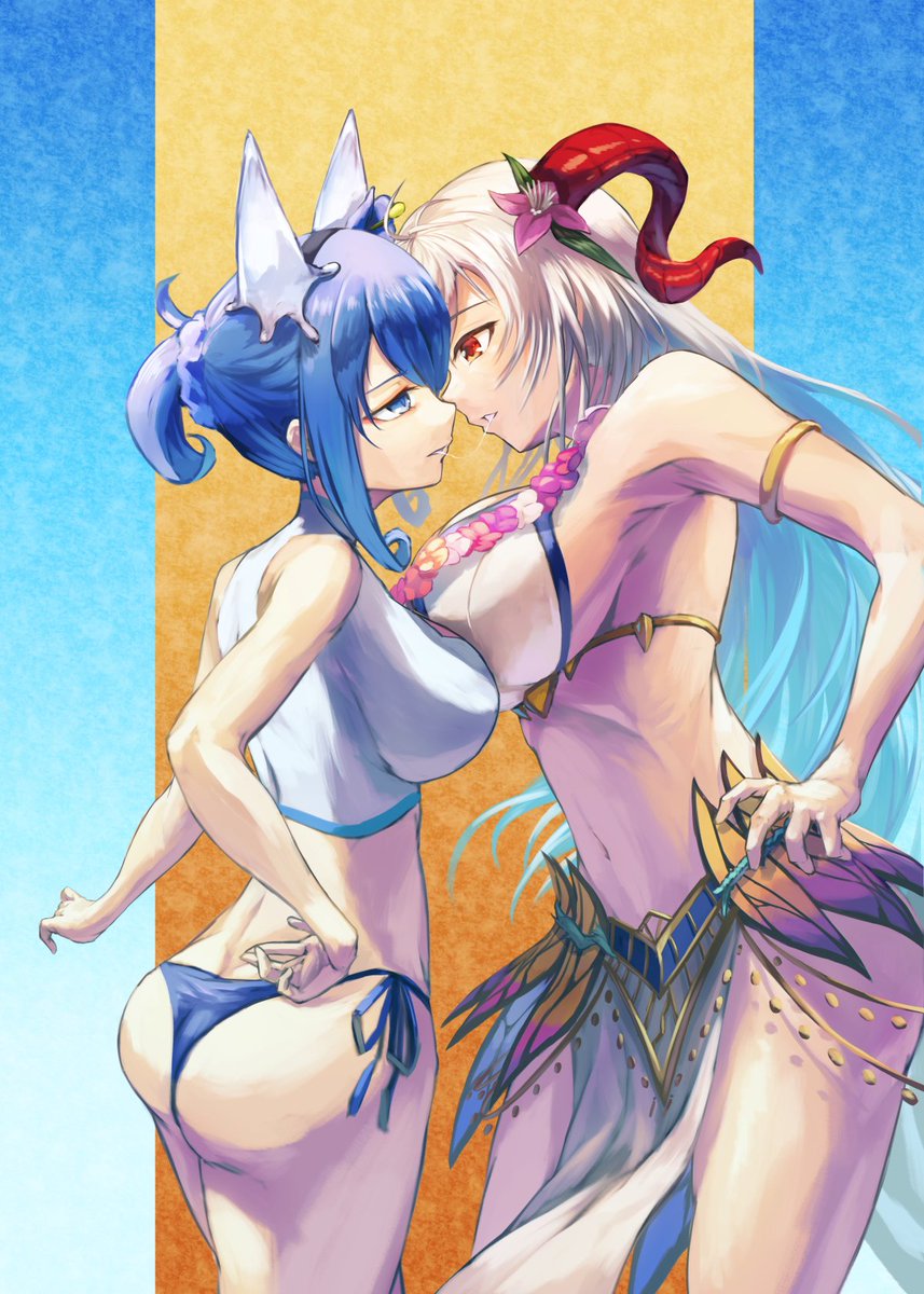 2_girls after_kiss alluring armlet ass asymmetrical_docking bare_shoulders big_breasts bikini blue_bikini blue_eyes blue_hair breast_press cleavage cleavage_cutout clothing_cutout curled_horns eye_contact fire_emblem fire_emblem_heroes flower flower_necklace freyja_(fire_emblem) freyja_(summer)_(fire_emblem) goat_horns grey_hair hand_on_own_hip high_res horns ice_horns intelligent_systems jewelry juunishi_aya looking_at_another multicolored_bikini multiple_girls navel necklace nifl_(fire_emblem) nifl_(summer)_(fire_emblem) nintendo official_alternate_costume official_alternate_hairstyle ponytail red_eyes red_horns saliva saliva_trail side-tie_bikini_bottom swimsuit thorns two-tone_bikini two-tone_swimsuit white_bikini yuri