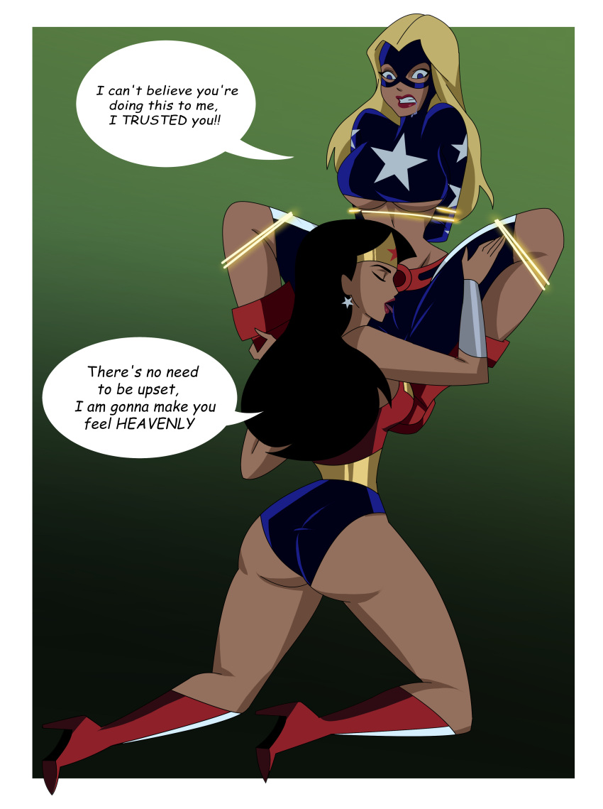 2_girls age_difference amazon arm_up arms_behind_back arms_tied arms_tied_behind_back ass bangs bare_arms bare_ass bare_legs bare_shoulders belt big_ass big_breasts black_hair blonde_female blonde_hair blue_eyes blue_leotard blue_mask blue_shirt bondage boots border bracer breasts clenched_teeth closed_eyes couple courtney_whitmore dc_comics dcau diana_prince duo earrings english_text female/female female_only femdom femsub footwear from_behind full_body gradient_background green_background hand_up heroine high_heel_boots high_heels jewelry justice_league justice_league_action justice_league_unlimited kneel lasso_of_truth legs leotard lezdom licking lips lipstick long_hair looking_at_another looking_down love makeup mask midriff multicolored_clothes multicolored_leotard multiple_girls neck open_mouth outside_border parted_bangs red_belt red_boots red_footwear red_high_heel_boots red_high_heels red_leotard red_lipstick rope rope_bondage round_teeth saliva sexual_harassment shirt skin_tight speech_bubble spread_legs star star_(symbol) star_earrings star_print stargirl straight_hair superhero_costume superheroine talking teen teenage_girl teeth text themysciran thighs tiara tied_up tongue tongue_out turtleneck turtleneck_shirt two-tone_leotard under_boob white_border wonder_woman wonder_woman_(series) yuri