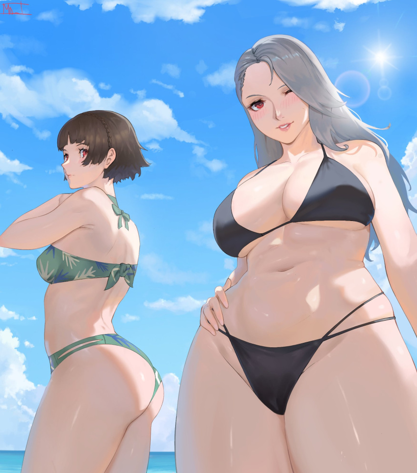 2_girls alluring ass atlus beach big_breasts bikini black_bikini blush braid brown_hair cleavage crown_braid green_bikini grey_hair hand_on_own_hip high_res long_hair magdalenus27 makoto_niijima medium_breasts multiple_girls navel ocean one_eye_closed persona persona_5 red_eyes sae_niijima sega short_hair siblings silf silfs sisters sky smile string_bikini swimsuit