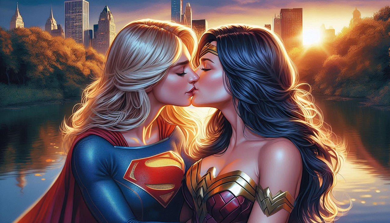 2_girls amazon armlet bangs bare_shoulders big_breasts black_hair blonde_female blonde_hair blue_shirt breasts cape city cityscape cleavage closed_eyes collarbone couple dc_comics dcau diana_prince duo female/female female_only heroine jewelry justice_league justice_league_unlimited kara_zor-el kissing kryptonian lake leotard lips lipstick long_hair long_sleeves love makeup medium_breasts multiple_girls mutual_yuri neck outside parted_bangs red_cape red_leotard red_lipstick reflection romantic romantic_couple shirt skin_tight sky straight_hair strapless strapless_leotard sun sunset supergirl supergirl_(series) superhero_costume superheroine superman_(series) themysciran thesupergirlfan thesupergirlfan_(artist) tiara tree upper_body water wonder_woman wonder_woman_(series) yuri