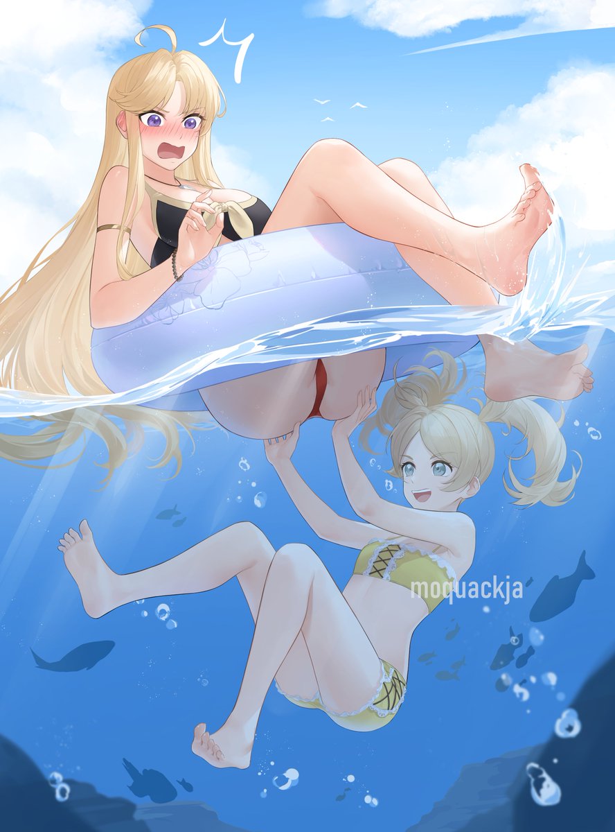 2girls alternate_costume ass ass_grab big_ass big_breasts bikini black_bikini black_swimsuit blonde_hair blue_eyes blush clarisse_(fire_emblem) cleavage female fire_emblem fire_emblem:_new_mystery_of_the_emblem fire_emblem_awakening fire_emblem_warriors groping intelligent_systems lissa_(fire_emblem) molestation moquackja nintendo open_mouth outside prank purple_eyes red_bikini red_swimsuit shocked small_breasts swimsuit underwater yellow_bikini yellow_swimsuit