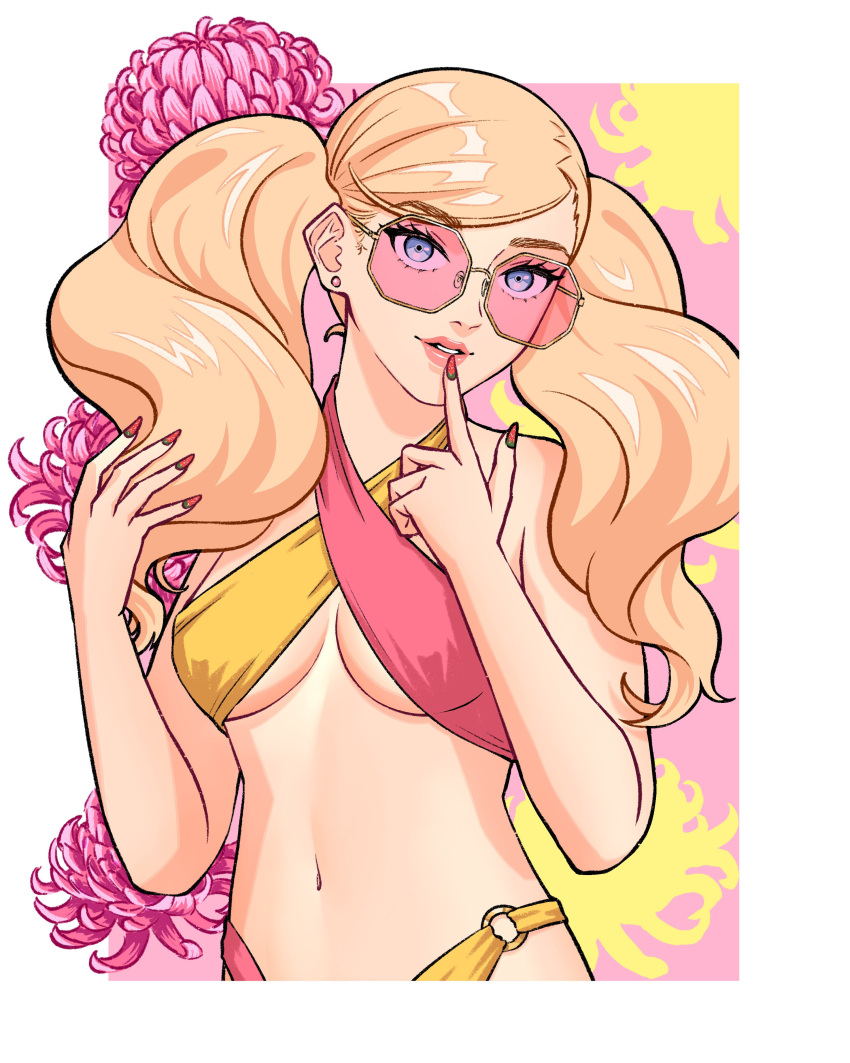 absurd_res alluring ann_takamaki atlus big_breasts bikini chrysanthemum criss-cross_halter earrings flower halterneck high_res index_finger_raised jewelry looking_at_viewer multicolored_bikini nail_polish navel o-ring o-ring_bikini orange_bikini parted_lips persona persona_5 pink-tinted_eyewear pink_bikini sega stud_earrings swimsuit tinted_eyewear twin_tails two-tone_bikini version5art