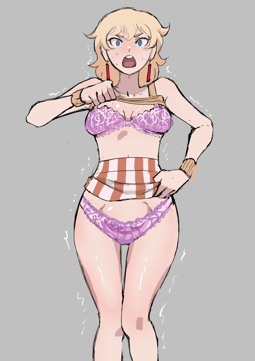 1girl 1girl 1girls bella_(biku) biku bladder_bulge blonde_hair blue_eyes blush bra bracelet breasts cleavage clothes clothes_lift desperate desperation earrings grey_background have_to_pee lifted_by_self lifting_own_clothes lifting_own_shirt lifting_own_skirt looking_at_viewer matching_underwear navel open_mouth original panties presenting presenting_bra presenting_panties purple_bra purple_panties purple_underwear quiver quivering shirt shirt_lift shirt_lifted_by_self short_hair showing_bra simple_background skirt skirt_lift skirt_lifted_by_self solo_female solo_focus striped_skirt sweat underwear