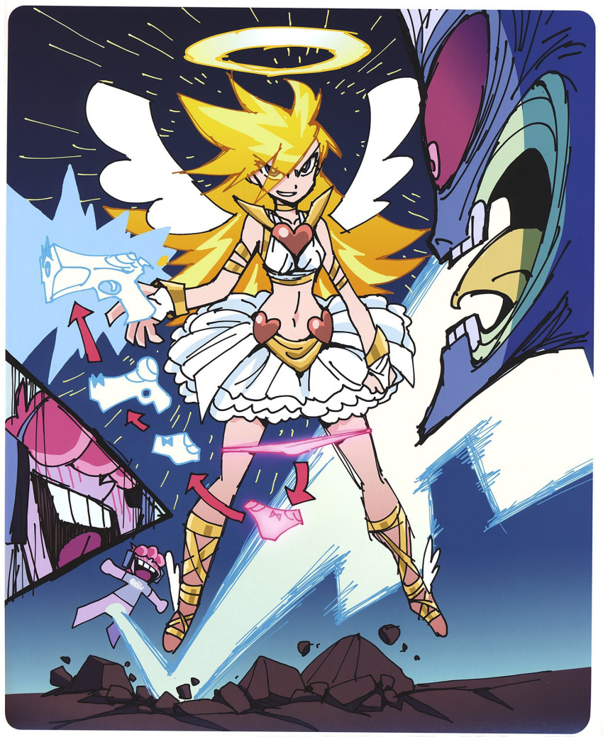 1girl 1girl 2boys angel big_penis blonde_hair blue_eyes briefers_rock corset_(psg) erection firearm gainax handgun high_res huge_cock humanoid key official_art open_mouth orange_hair pale_skin panties panties_down panty_&_stocking_with_garterbelt panty_anarchy penis pink_panties removing_panties rock sexually_suggestive weapon