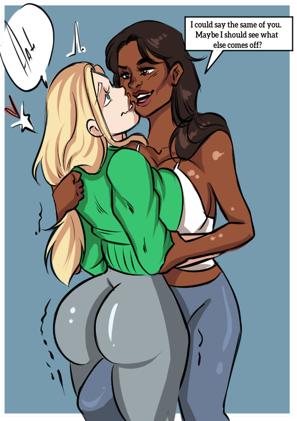 1girl 2_girls big_ass big_breasts blonde_hair dark-skinned_female dominant_female leg_between_thighs lesbian_couple light-skinned_female myshakyqueen pulling_hair submissive_female tight_clothing yuri