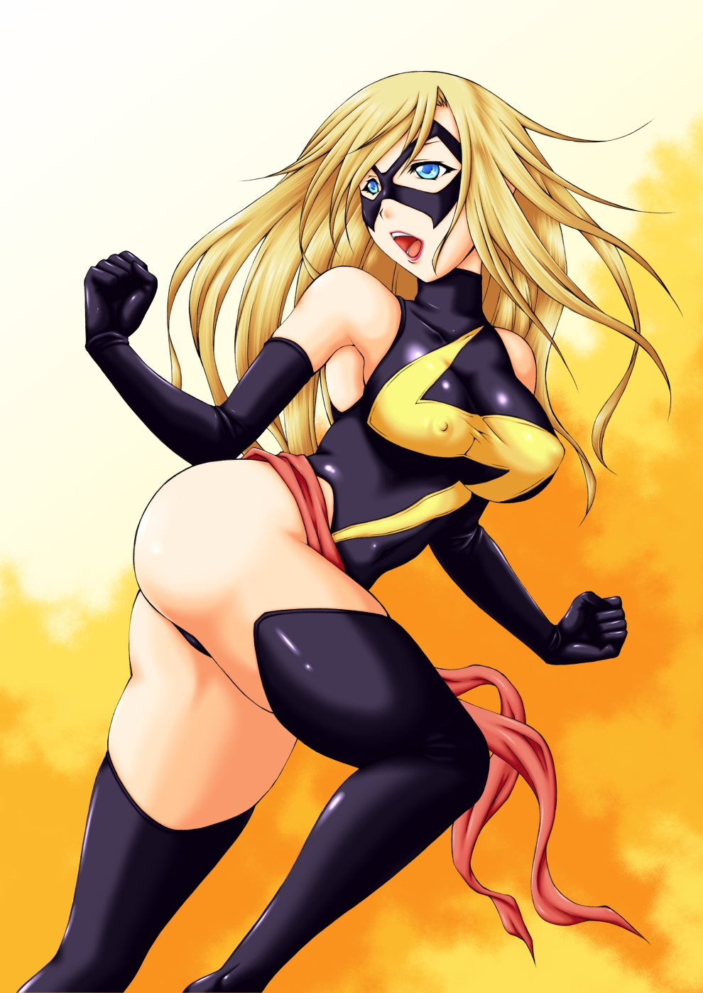 1girl akutanoe ass avengers bare_shoulders big_ass big_breasts black_gloves black_legwear black_leotard black_mask black_thighhighs blonde_female blonde_hair blue_eyes breasts carol_danvers clenched_hands domino_mask elbow_gloves erect_nipples female_only female_solo gloves gradient gradient_background hands_up heroine legwear leotard lips lipstick long_hair looking_back looking_to_the_side makeup marvel marvel_comics mask ms._marvel ms._marvel_(carol_danvers) neck open_mouth orange_background pink_lipstick round_teeth skin_tight sleeveless sleeveless_leotard sleeveless_turtleneck stockings superheroine teeth thick_thighs thighs turtleneck turtleneck_leotard upper_teeth upper_teeth_only white_background x-men yellow_background