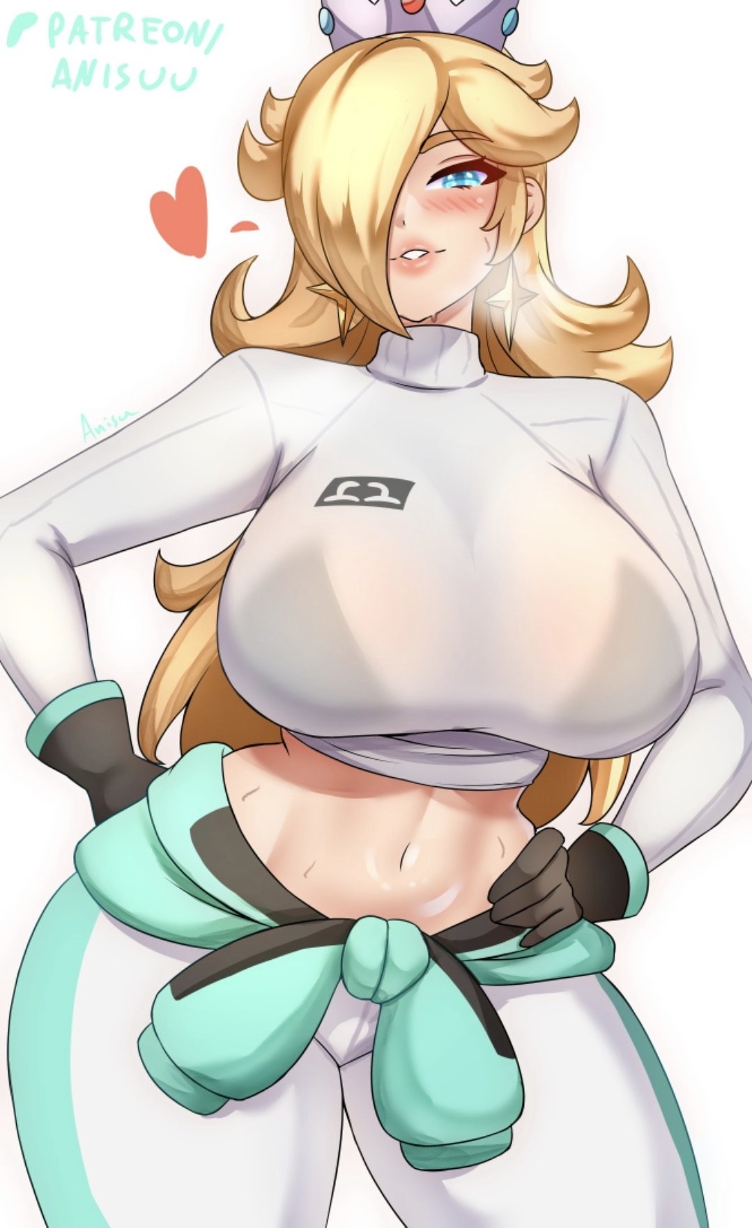 1girl alluring anisdrawn big_breasts blonde_hair blue_eyes cleavage enormous_breasts female_focus female_only hand_on_hip high_res legs light-skinned_female light_skin long_hair looking_at_viewer mario_(series) midriff navel parted_lips princess_rosalina princess_rosalina_(pro_racer) rosalina see-through see-through_clothing smile thick_thighs thighs toned white_background wide_hips