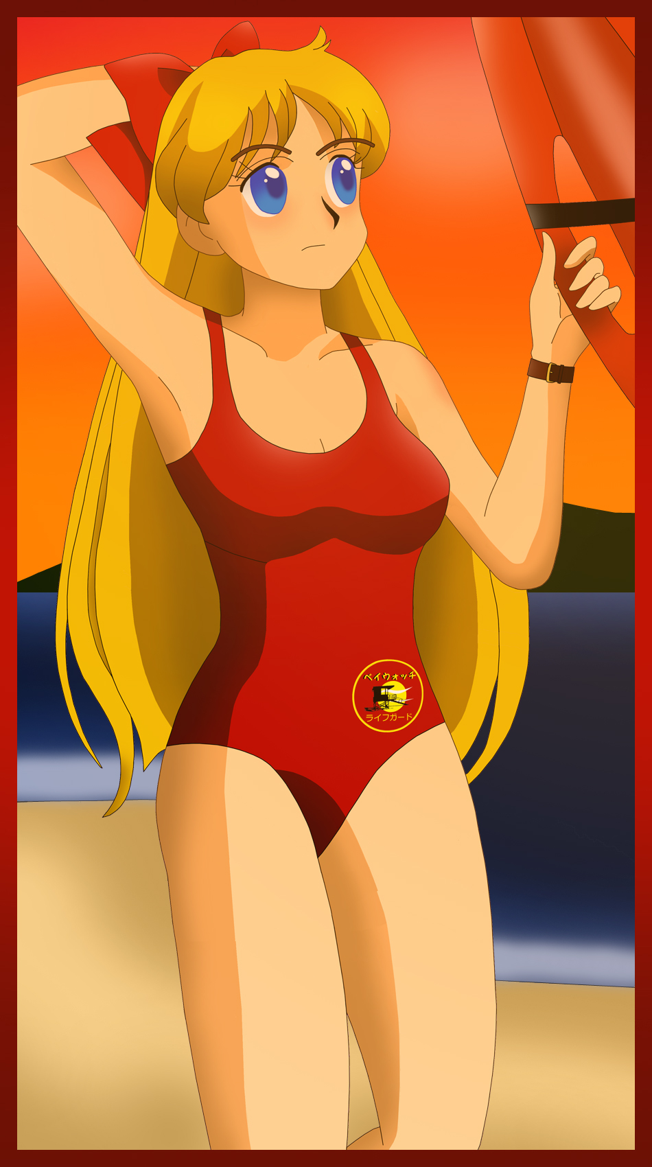 1girl alluring bare_legs baywatch bishoujo_senshi_sailor_moon blonde_hair blue_eyes killzone667 lifeguard lifeguard_swimsuit minako_aino one-piece_bikini