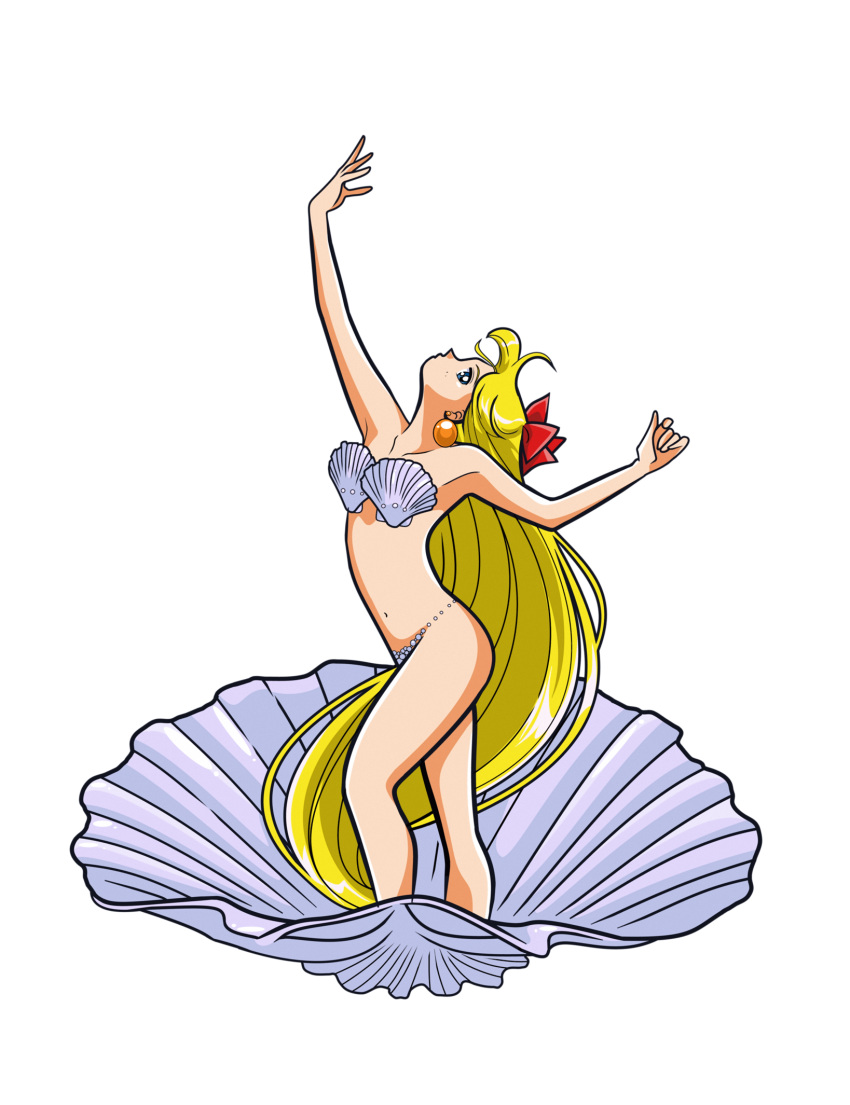 1girl alluring bare_legs bishoujo_senshi_sailor_moon blonde_hair blue_eyes clam_shell jackowcastillo minako_aino seashell_bra the_birth_of_venus