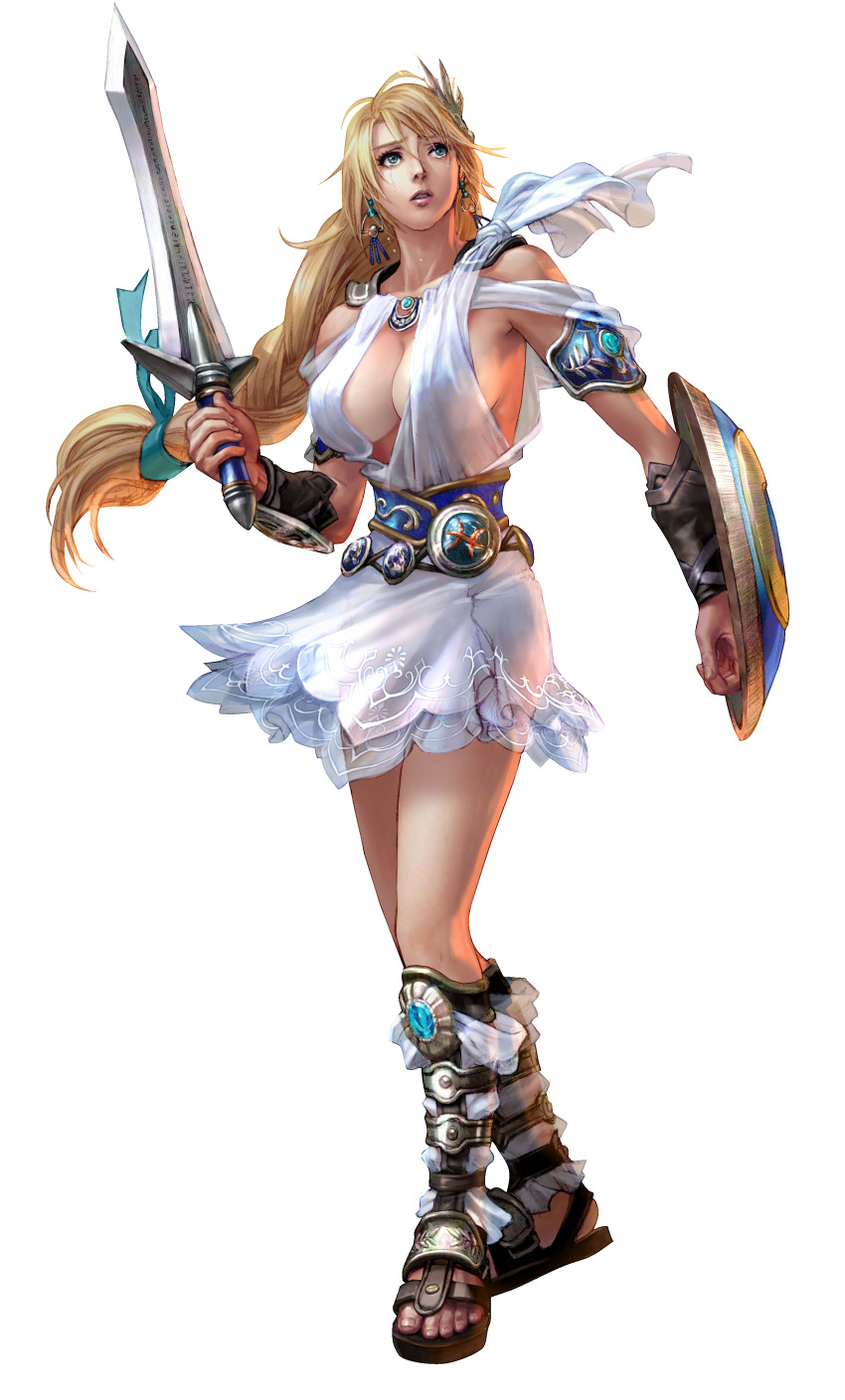 1girl amazon aqua_eyes arm_at_side bare_legs bare_shoulders big_breasts blonde_female blonde_hair braid breasts cleavage collarbone crying dress earrings eyebrows_visible_through_hair eyes_visible_through_hair female_only female_solo floating_hair full_body hand_up holding holding_shield holding_sword holding_weapon jewelry kawano_takuji legs lips lipstick long_hair looking_up makeup namco neck parted_lips pink_lipstick sad shield short_dress simple_background sophitia_alexandra soul_calibur soul_calibur_iv soulcalibur_iv standing sword tears thighs tied_hair very_long_hair weapon white_background white_dress