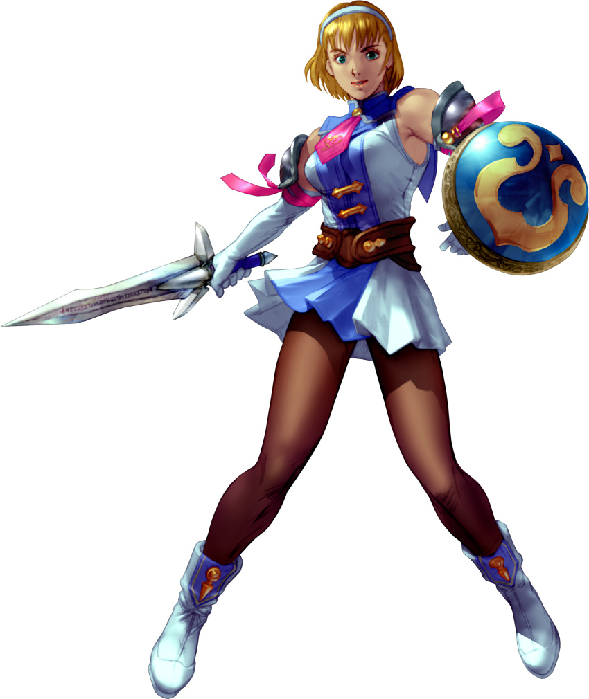 1girl amazon aqua_eyes bare_shoulders belt big_breasts blonde_female blonde_hair blue_dress boots breasts brown_belt brown_legwear brown_pantyhose cassandra_alexandra dress elbow_gloves female_only female_solo fighting_stance footwear full_body gloves grin hair_ornament hairband holding holding_shield holding_sword holding_weapon kawano_takuji legs legwear lips lipstick looking_at_viewer makeup multicolored_clothes multicolored_dress namco naughty_face outstretched_arm pantyhose parted_lips pink_lipstick pleated_dress shield short_dress short_hair simple_background sleeveless sleeveless_dress smile soul_calibur soul_calibur_ii soulcalibur_ii spread_legs standing sword thighs two-tone_dress weapon white_background white_boots white_dress white_footwear white_gloves white_hairband