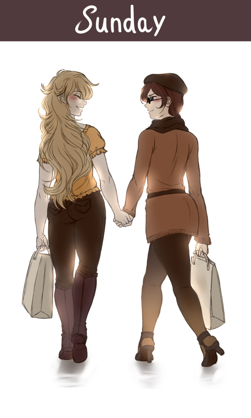 2_girls alternate_costume arms_at_sides ass bag beret black_beret black_boots black_eyes black_footwear black_hat black_headwear black_high_heels black_pants black_scarf blonde_female blonde_hair blush boots brown_hair brown_legwear brown_pantyhose brown_sweater closed_eyes closed_mouth coco_adel couple duo english_text eyebrows_visible_through_hair female_only footwear frilled_shirt frills from_behind full_body grin half-closed_eyes happy hat headwear high_heels holding holding_bag holding_hands holding_object legwear long_hair long_sleeves looking_at_another looking_to_the_side love multiple_girls murasaki-yuri mutual_yuri naughty_face neck orange_shirt pants pantyhose parted_lips romantic romantic_couple rooster_teeth rwby scarf shirt short_hair short_sleeves side-by-side simple_background smile sunglasses sweater text walking white_background yang_xiao_long yuri