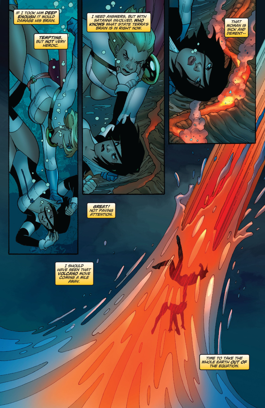 2girls alien alien_girl alien_humanoid atlee black_hair blonde_hair cape cleavage_cutout comic comic_page dc_comics female kara_zor-el official_art older older_female power_girl short_hair superman_(series) terra underwater volcano young_adult young_adult_female young_adult_woman