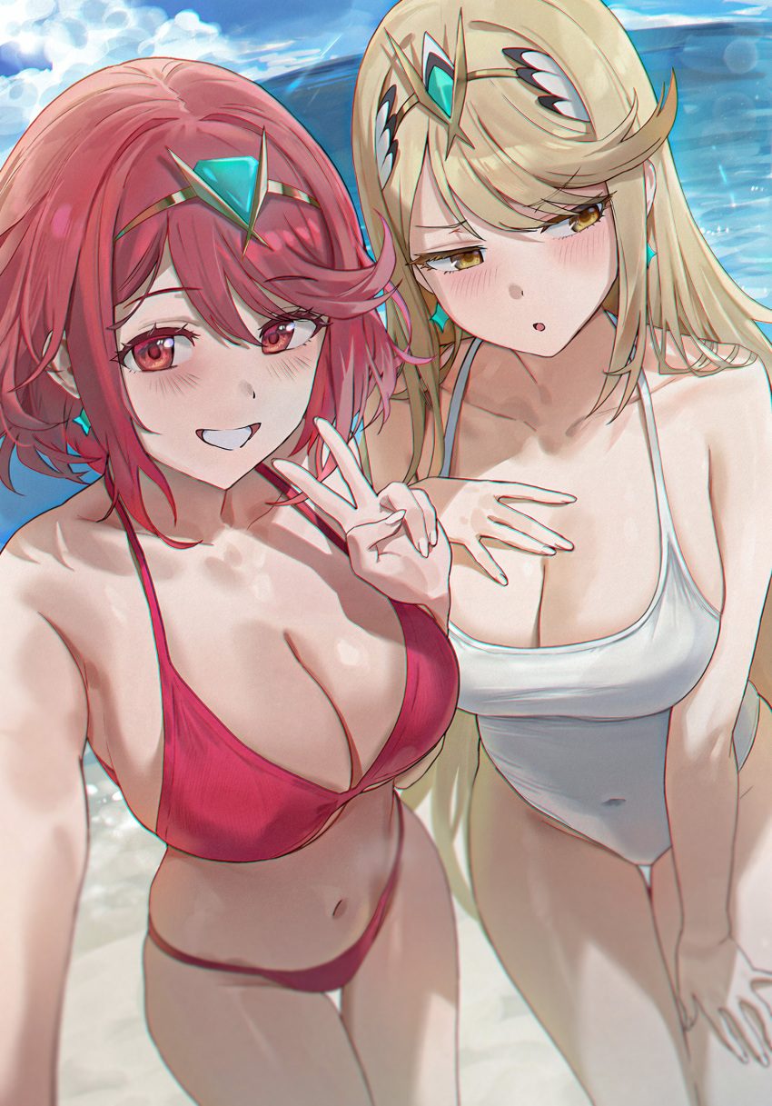 2girls alluring amiki_yuzuru beach big_breasts bikini blonde_hair blue_sky blush cleavage cloud collarbone day earrings grin headpiece high_res jewelry long_hair looking_at_viewer multiple_girls mythra_(xenoblade) navel ocean one-piece_bikini outside pyra_(xenoblade) red_bikini red_eyes red_hair selfpic short_hair sky smile standing swimsuit v white_one-piece_bikini xenoblade_(series) xenoblade_chronicles_2