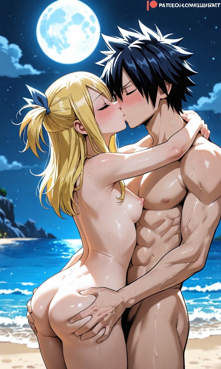 ai_generated black_hair blonde_hair fairy_tail gray_fullbuster groping_breasts lucy_heartfilia pixai small_breasts