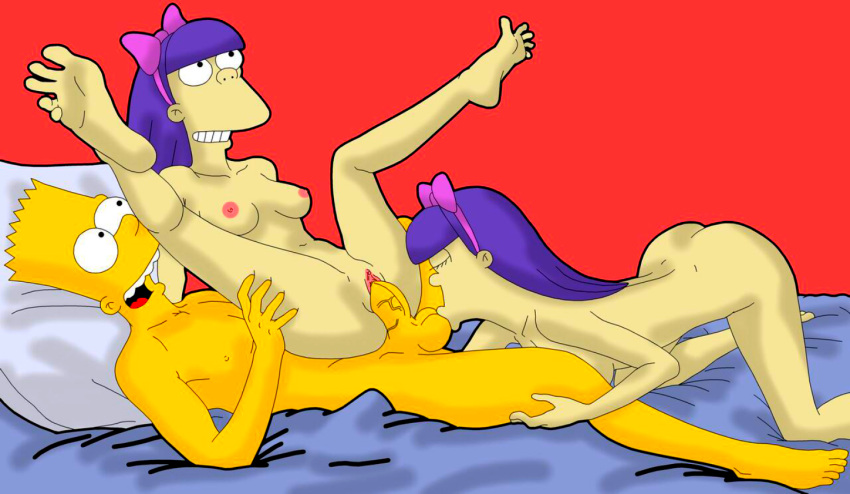 1boy 20th_century_studios 2girls aged_up bart_simpson blonde_hair breasts completely_nude evilweazel fox_corporation group_sex licking licking_testicle male multiple_girls nude on_bed purple_hair reverse_cowgirl_position ribbon sex sherri_mackleberry straddling terri_mackleberry testicle_kiss the_simpsons twins vaginal yellow_skin younger_female younger_male