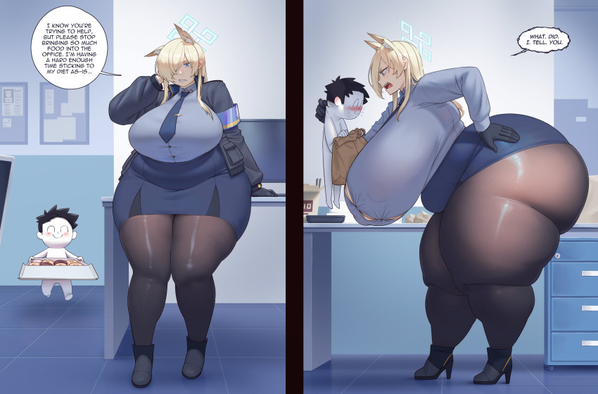 1boy angry ass big_ass big_ass big_breasts big_breasts bigger_female blonde-haired_female blonde_female blonde_hair blue_archive breasts chubby chubby_female clothed clothed_male_nude_female donuts fat_female kanna_(blue_archive) large_ass large_boobs large_butt larger_female light-skinned_female light_skin plump sensei_(blue_archive) shorter_male smaller_male temptation tempting tempting_fate