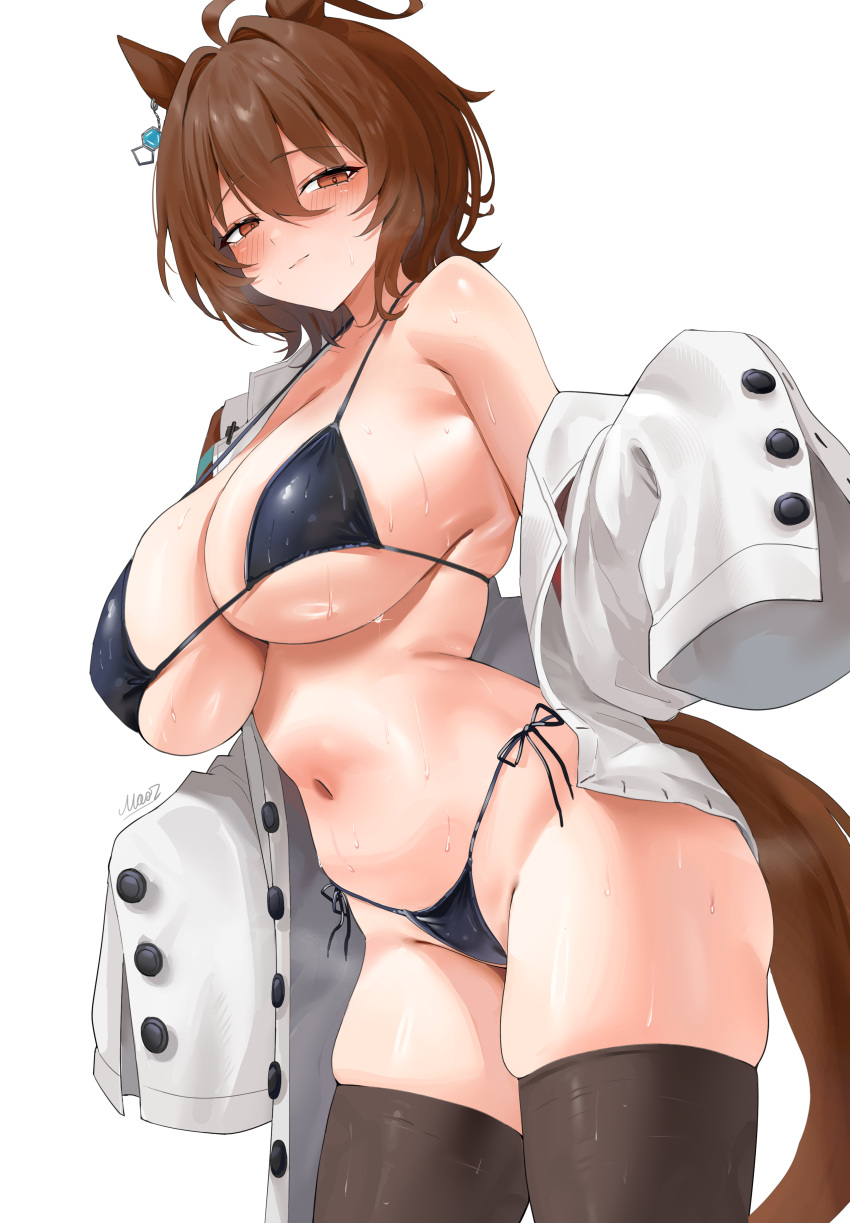 1girl 1girl absurd_res agnes_tachyon_(umamusume) ahoge animal_ears artist_name bare_shoulders big_breasts bikini black_bikini black_thighhighs blush breasts breath buttons cleavage closed_mouth coat commentary curvy dutch_angle ear_ornament english_commentary groin hair_between_eyes hair_intakes halterneck high_res horse_ears horse_girl horse_tail huge_ahoge lab_coat light_smile long_sleeves looking_at_viewer maoza1 micro_bikini navel open_clothes open_coat short_hair side-tie_bikini_bottom sideboob simple_background single_bare_shoulder single_off_shoulder sleeves_past_fingers sleeves_past_wrists standing stockings stomach string_bikini sweat swimsuit tail thighs uma_musume_-_pretty_derby umamusume umamusume_pretty_derby unbuttoned under_boob white_background white_coat