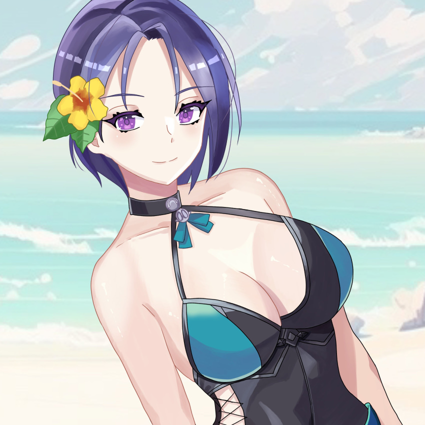 1girl 1girl absurd_res alluring big_breasts black_choker black_one-piece_bikini blue_one-piece_bikini breasts choker cleavage clothing_cutout fire_emblem fire_emblem:_three_houses fire_emblem_heroes flower hair_flower hair_ornament halterneck high_res hip_vent intelligent_systems looking_at_viewer n_54 nintendo official_alternate_costume one-piece_bikini purple_eyes purple_hair shamir_nevrand shamir_nevrand_(summer) smile swimsuit two-tone_swimsuit upper_body