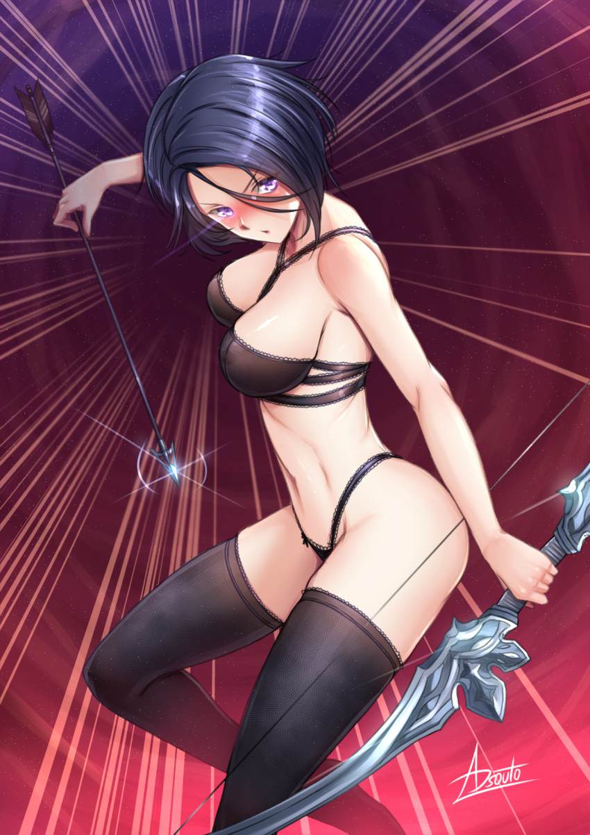 1girl 1girl adsouto alluring arrow_(projectile) big_breasts black_bra black_panties black_thighhighs blue_hair blush bow_(weapon) bra breasts fire_emblem fire_emblem:_three_houses hair_between_eyes high_res holding holding_arrow holding_bow_(weapon) holding_weapon intelligent_systems lingerie navel nintendo nipples open_mouth panties purple_eyes see-through_clothes shamir_nevrand shiny_skin short_hair signature stockings underwear underwear_only v-shaped_eyebrows weapon