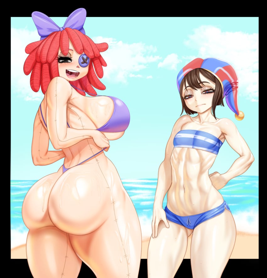 1girl 2_girls abs ass beach big_ass big_breasts big_thighs bikini breasts brown_hair dogiflan glitch_productions hips mature milf petite petite_body petite_breasts petite_female petite_tits pomni_(beach_outfit) pomni_(the_amazing_digital_circus) ragatha_(beach_outfit) ragatha_(the_amazing_digital_circus) red_hair shiny_skin short_hair shorts small_breasts smaller_female squeezing squeezing_breast stockings the_amazing_digital_circus thick_ass thick_hips thick_legs thick_thighs thighs toned toned_belly toned_body toned_female toned_stomach