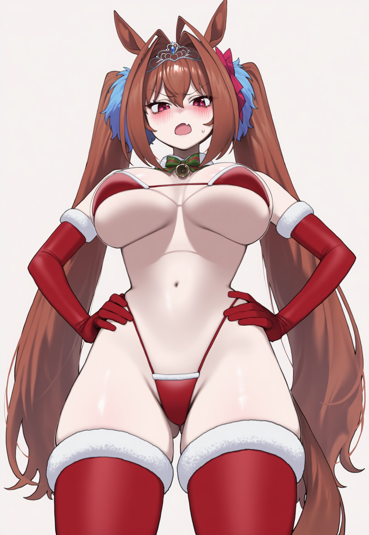 1girl ai_generated angry angry_expression angry_face animal_ears ass ass_visible_through_thighs big_ass big_breasts bikini blush breasts christmas christmas_outfit daiwa_scarlet_(umamusume) hand_on_hip horse_ears horse_girl horse_tail huge_ass huge_breasts light-skinned_female light_skin long_hair looking_at_viewer looking_down low-angle_view navel sweat sweatdrop thick_thighs thighs truck-kun_art tsundere twin_tails umamusume umamusume_pretty_derby white_background