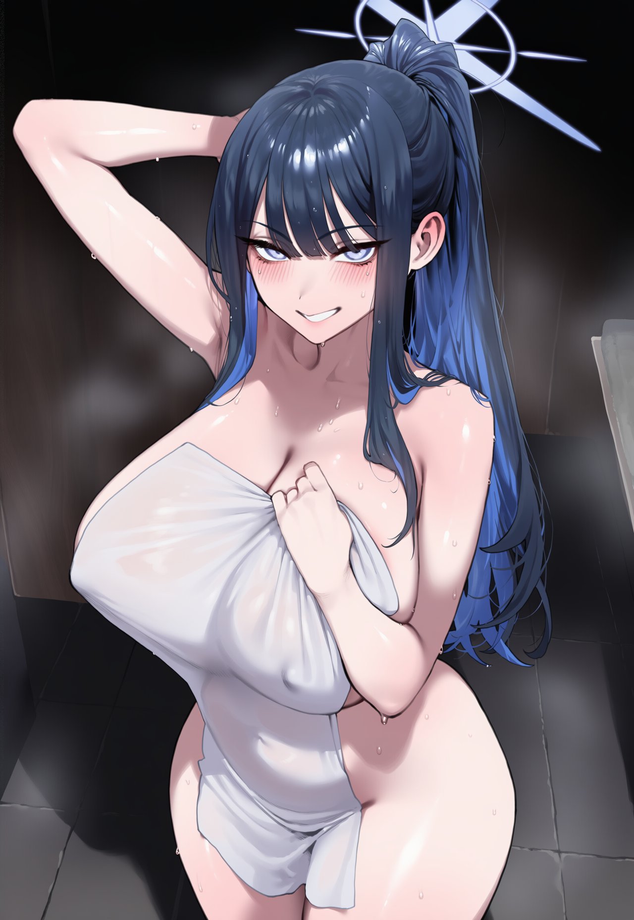 1girl ai_generated armpits ass blue_archive blush breasts collarbone erect_nipples erect_nipples_under_clothes grin halo huge_ass huge_breasts light-skinned_female light_skin long_hair looking_at_viewer nipples ponytail saori_(blue_archive) smile smug smug_face smug_grin smug_smile steam sweat sweatdrop sweating thick_thighs thighs towel truck-kun_art