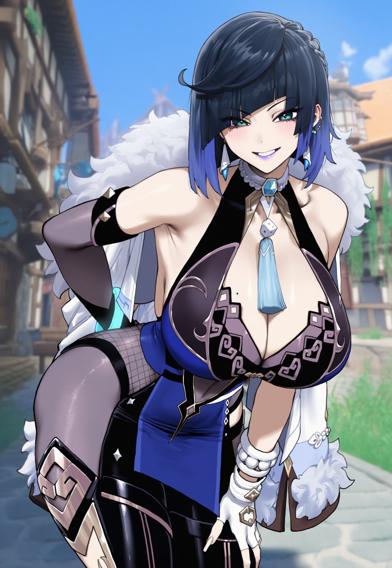 1girl ai_generated armpits ass blush breasts clothed clothed_female clothing collarbone genshin_impact hips huge_ass huge_breasts light-skinned_female light_skin lipstick looking_at_viewer mihoyo mole mole_on_breast outside outside short_hair smile thick_thighs thighs truck-kun_art wide_hips yelan_(genshin_impact)