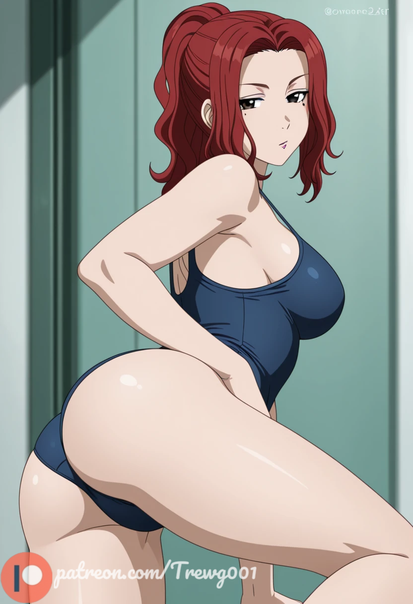 1girl ai_generated ass beelzebub_(manga) big_breasts blue_one-piece_swimsuit breasts long_hair looking_at_viewer looking_back mole mole_under_eye one-piece_swimsuit oomori_nene patreon_logo ponytail red_hair school_swimsuit sideboob swimsuit thighs trewg001 watermark web_address