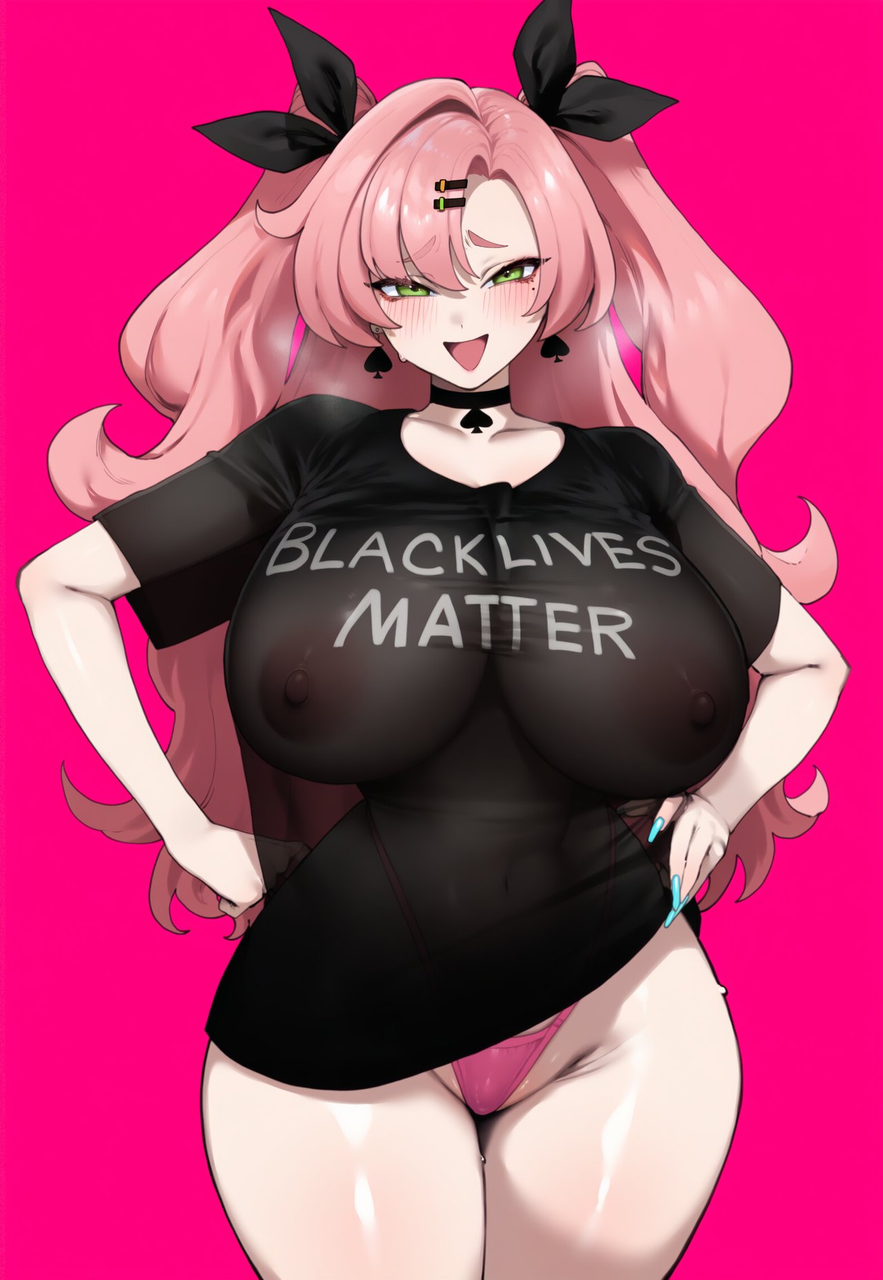 1girl ai_generated black_lives_matter blush breasts choker grin hips huge_breasts interracial light-skinned_female light_skin looking_at_viewer mihoyo nicole_demara nipples pink_hair smile sweat sweatdrop thick_thighs thighs truck-kun_art voluptuous voluptuous_female wide_hips zenless_zone_zero