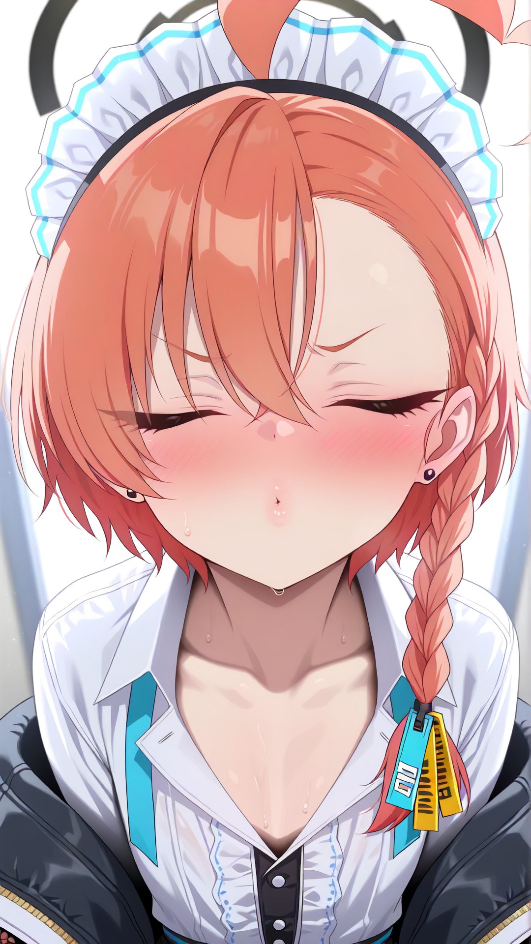 1girl ai_generated blue_archive blush breasts closed_eyes kissing light-skinned_female light_skin neru_(blue_archive) nikumist pov pov_kiss