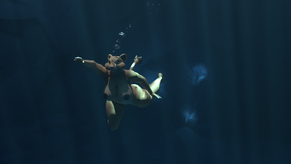 1girl aquaphilia breasts bubbles cavern disney female lioness nala nipples nude puffy_cheeks rocks solo swimming the_lion_king underwater zantzusui