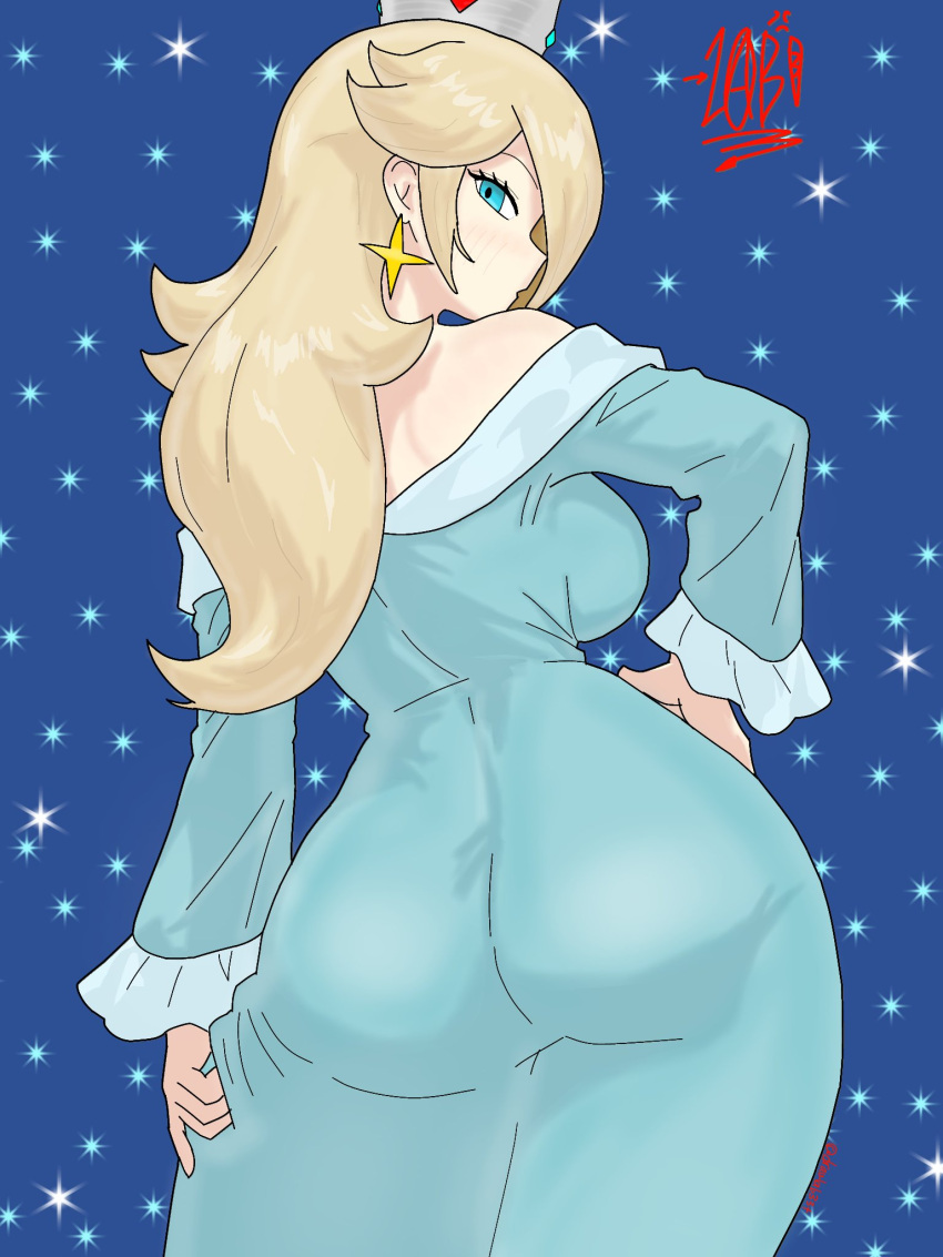 1girl ass ass_focus back_view big_ass big_ass big_breasts blonde_hair breasts clothed clothed_female crown drawlab33t dress earrings female_focus female_only hair_over_one_eye huge_ass huge_breasts large_ass long_hair looking_at_viewer looking_back mario_(series) presenting_ass princess red_eyes rosalina short_shorts shorts solo_female solo_focus standing super_mario_bros. super_mario_bros.