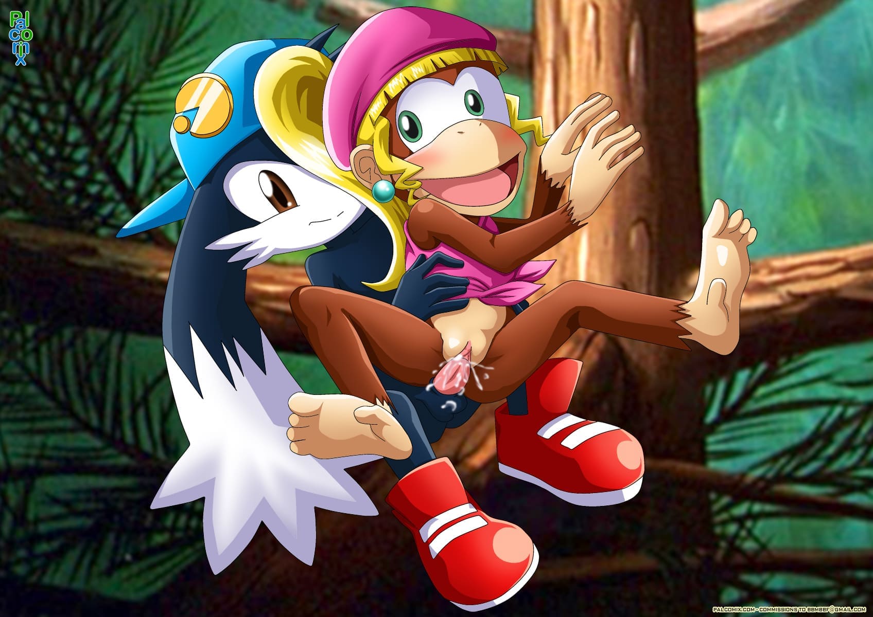 1boy 1girl 1girl bandai_namco baseball_cap bbmbbf beret black_fur blonde_hair blush brown_eyes brown_fur crossover cum cum_in_pussy cum_inside dixie_kong donkey_kong_(series) donkey_kong_country earrings furry furry_female furry_male green_eyes happy_sex hat high_res in_tree jewelry klonoa klonoa_(series) male namco nintendo open_mouth palcomix ponytail rareware sex shirt sitting sitting_on_person small_breasts tied_hair tree vaginal
