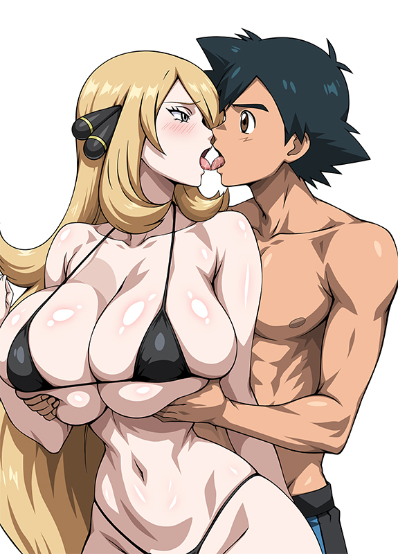 1boy 1girl ash_ketchum big_breasts bikini black_hair blonde_hair blue_eyes brown_eyes cynthia kissing nintendo pokemon pokemon_(anime) pokemon_dppt underboob yxyyxy