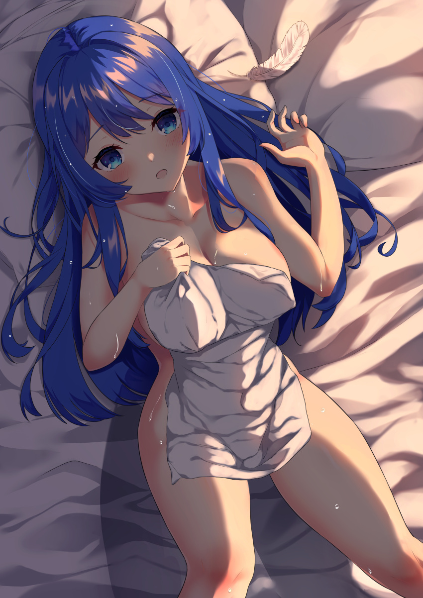1girl 1girl 1girl absurd_res alluring ambasa bare_shoulders bed big_breasts blue_eyes blue_hair blush caeda caeda_(fire_emblem) cleavage collarbone commentary_request commission completely_nude covering covering_breasts feet_out_of_frame female_only fire_emblem fire_emblem:_mystery_of_the_emblem fire_emblem:_shadow_dragon_and_the_blade_of_light high_res intelligent_systems long_hair lying naked_towel nintendo nude nude_female on_back on_bed open_mouth pillow shoulders skeb_commission small_towel towel very_long_hair wet
