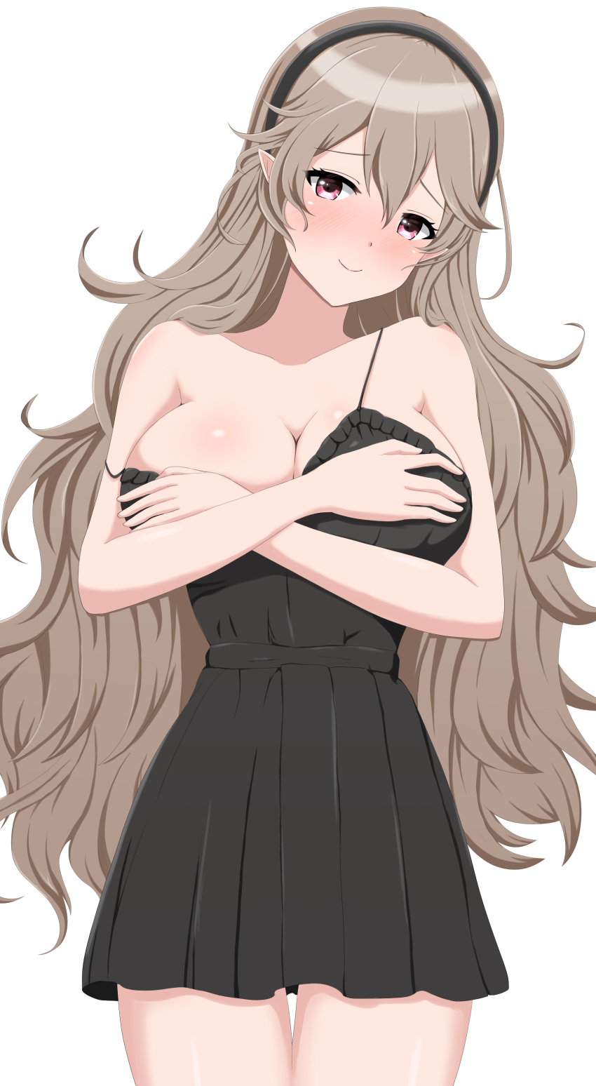 1girl 1girl 1girl absurd_res alluring bare_shoulders big_breasts blush brown_hair camisole cleavage corrin_(fire_emblem) corrin_(fire_emblem)_(female) covering_breast covering_breasts eyebrow_through_hair eyelashes female_only fire_emblem fire_emblem_fates grey_eyes headband high_res intelligent_systems lingerie long_hair looking_at_viewer nintendo off_shoulder patty_ojisan pointy_ears simple_background smile spaghetti_strap thigh_gap thighs underwear very_long_hair white_background