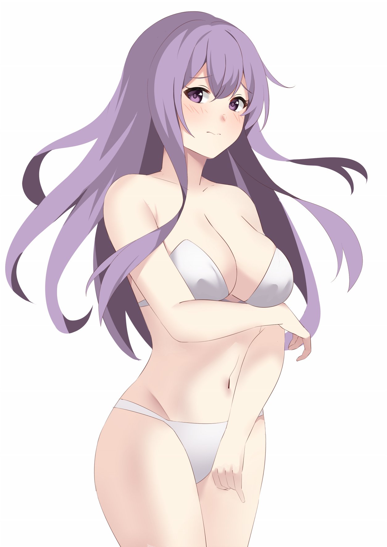 1girl 1girl 1girl alluring blush cleavage female_only fire_emblem fire_emblem:_genealogy_of_the_holy_war high_res julia_(fire_emblem) long_hair looking_at_viewer medium_breasts miya_star_saa nintendo panties purple_eyes purple_hair simple_background underwear underwear_only white_panties