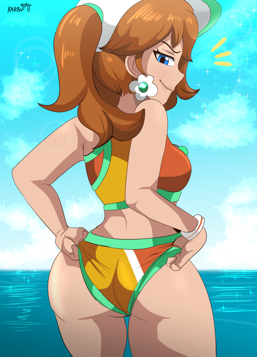 1girl 1girl 1girls adjusting_clothes adjusting_swimsuit artist_name ass big_ass blue_eyes breasts brown_hair earrings flower_earrings karbuitt looking_at_viewer looking_back looking_back_at_viewer mario_(series) mario_kart_world nintendo ponytail princess_daisy princess_daisy_(swimwear) smirk solo_female solo_focus super_mario_bros. visor water
