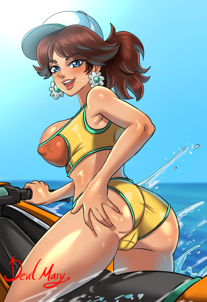1girl 1girl 1girls ass big_ass big_breasts blue_eyes bottomwear breasts brown_hair devilmarie ear_piercing earrings female_only flower_earrings hair hand_on_ass hat headwear huge_breasts jetski looking_back mario_(series) mario_kart_world nintendo nipple_bulge princess_daisy princess_daisy_(swimwear) smile solo_female super_mario_bros. swimwear thighs topwear