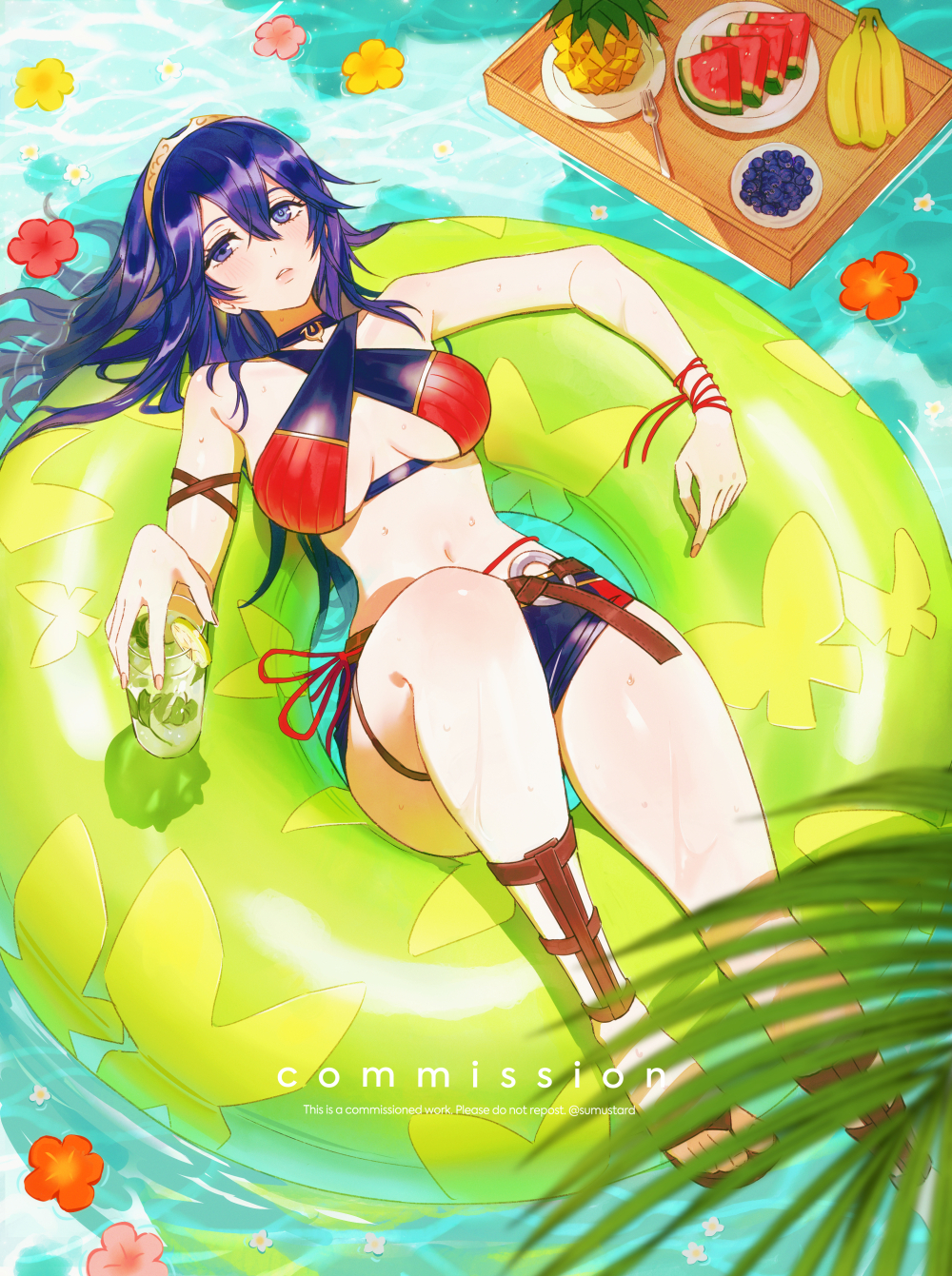 1girl 1girl adapted_costume alluring armlet bikini blue_hair brand_of_the_exalt breasts cleavage commission fire_emblem fire_emblem_awakening fire_emblem_cipher floating_tray flower from_above gladiator_sandals high_res intelligent_systems jewelry lucina lucina_(fire_emblem) medium_breasts multicolored_bikini nintendo ribbon sandals sumustard swim_ring swimsuit symbol-shaped_pupils thighs tiara water wrist_ribbon